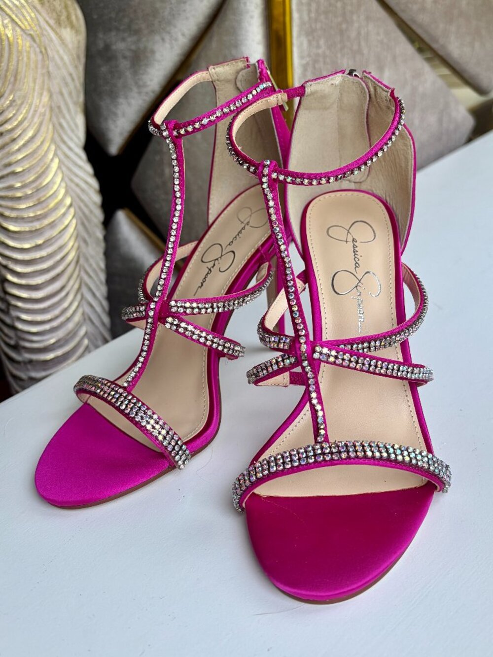 Jessica Simpson Hot Pink Rhinestone T-Strap Stiletto Heels Size 7.5